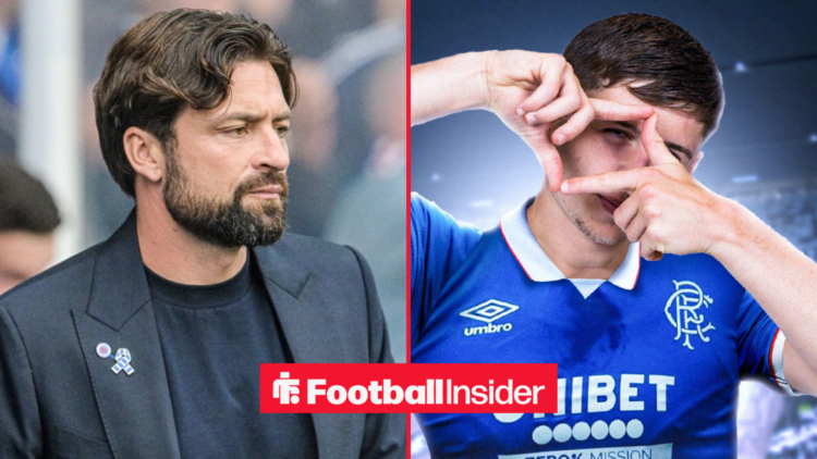 Rangers boss Russell Martin in the dugout looking at player Mikey Moore who is doing a celebration at Ibrox
