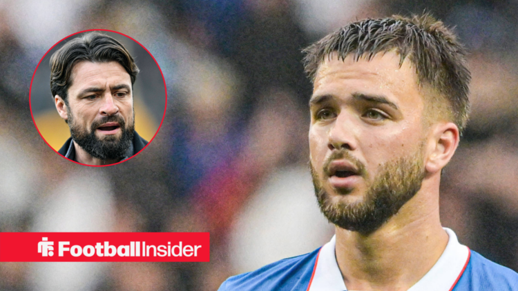 Rangers midfielder Nicolas Raskin alongside a circular inset of Rangers manager Russell Martin