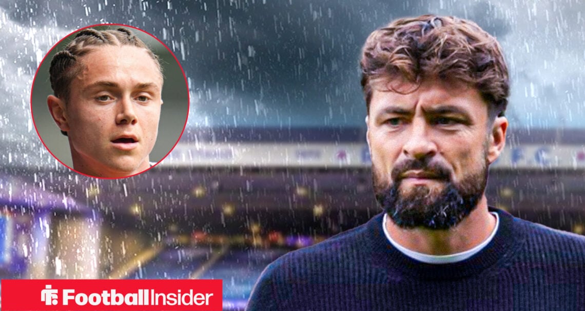 A concerned Russell Martin against a back drop of Ibrox, alongside a circular inset of midfielder Thelo Aasgaard