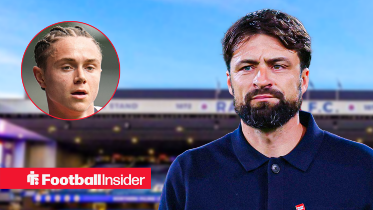 Rangers manager Russell Martin against a backdrop of Ibrox alongside a circular inset of midfielder Thelo Aasgaard