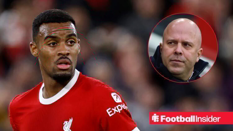 Liverpool midfielder Ryan Gravenberch alongside a headshot of Arne Slot