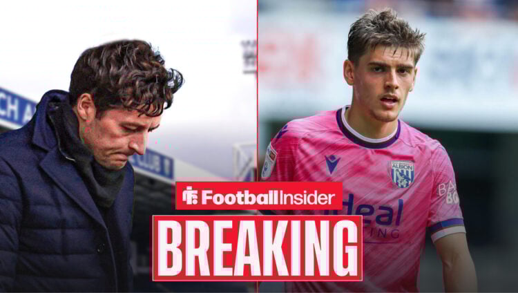 An image of West Brom boss Ryan Mason looking sad alongside a photo of Tom Fellows in a pink away shirt