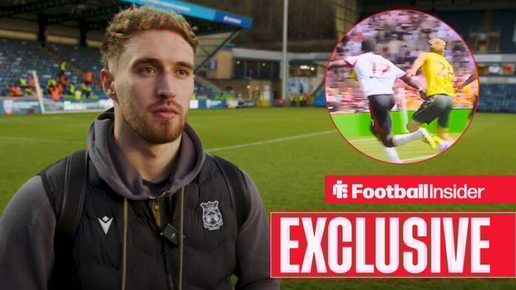 Sam Smith talking to the camera in a Wrexham coat / Sam Smith pulling at Southampton defender