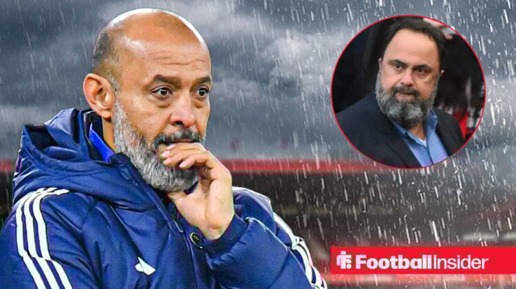 Nuno Espirito Santo looks nervously at Evangelos Marinakis in circular inset