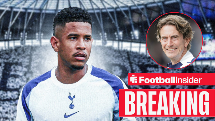 Savinho edited into a Tottenham shirt at the Tottenham Hotspur Stadium, with Thomas Frank in a circular inset