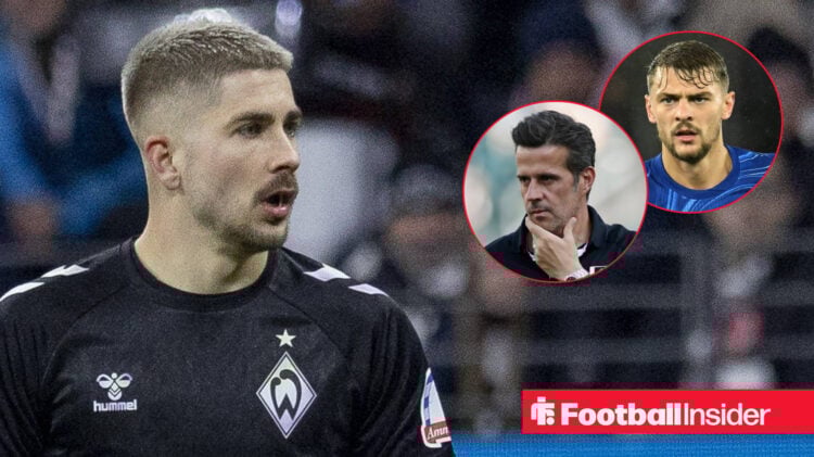 Werder Bremen midfielder Romano Schmid looks on at Fulham manager Marco Silva and Kiernan Dewsbury-Hall