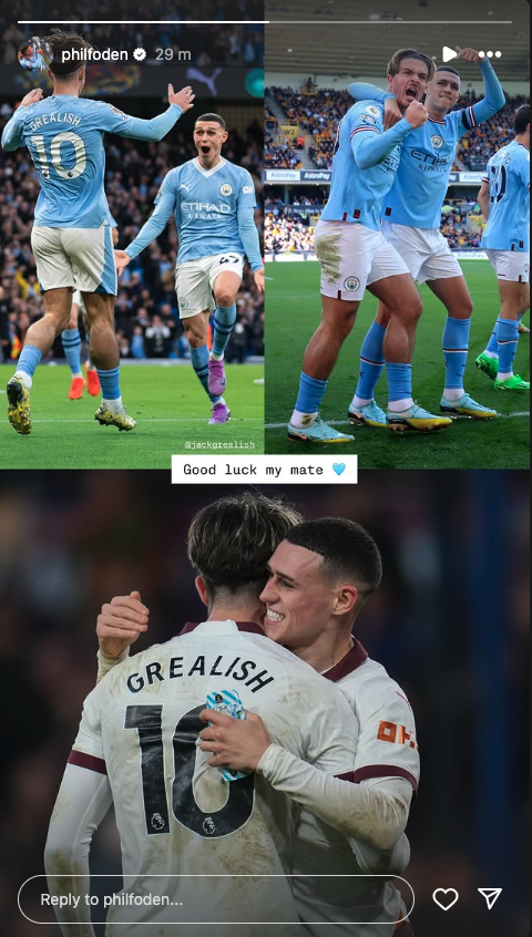 Phil Foden instagram post to Jack Grealish with good luck my mate message surrounded by footballing memories