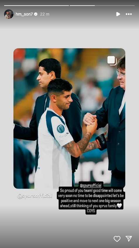 Son Heung-Min offering his condolences on Instagram to Cristian Romero and co.