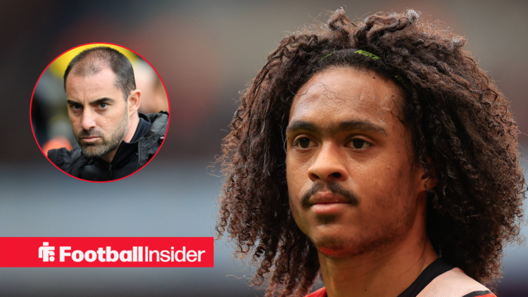 Tahith Chong in action for luton next to an image of Ruben Selles