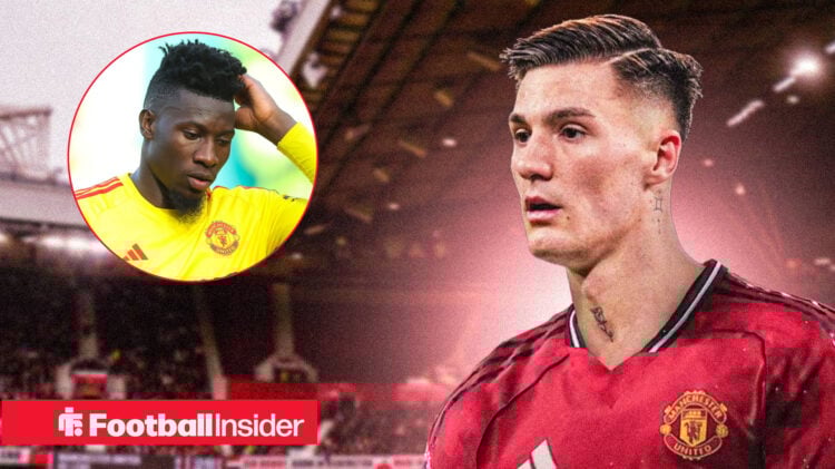 Benjamin Sesko looks at Man United teammate Andre Onana