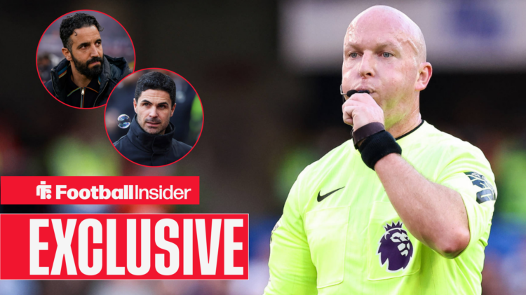 Simon Hooper blowing his whistle, Ruben Amorim and Mikel Arteta in circular insets