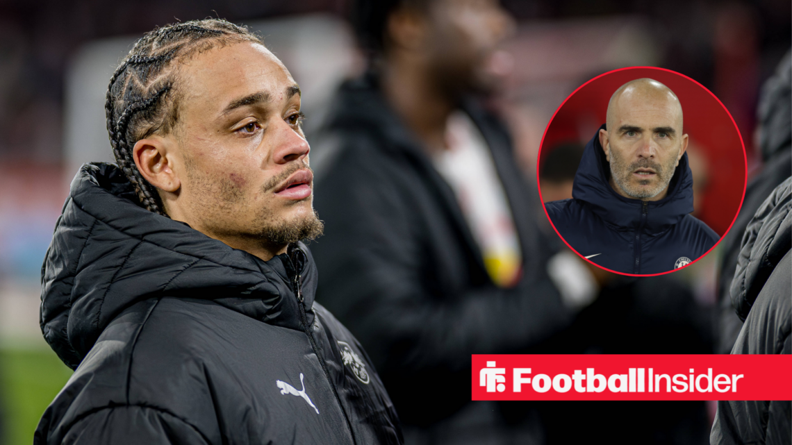 Xavi Simons looks on following an RB Leipzig match, next to an image of Enzo Maresca