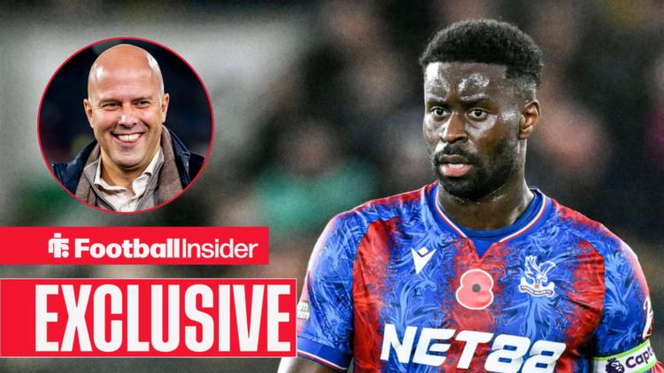 Marc Guehi in a Crystal Palace shirt, Arne Slot in a circular inset.