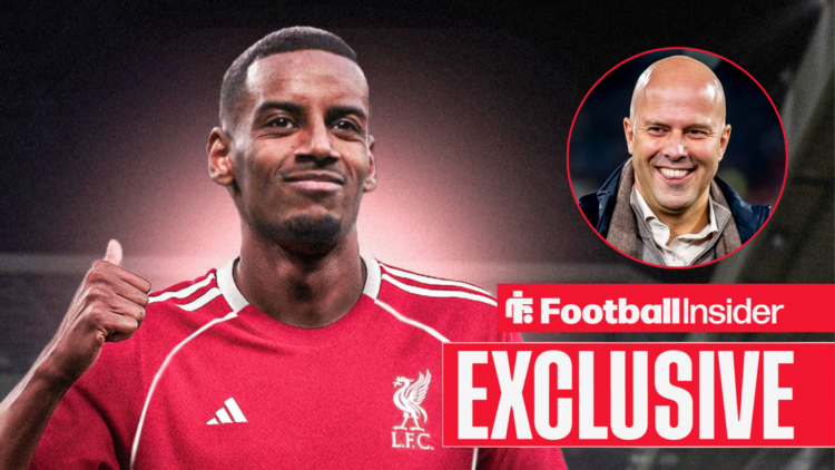 Alexander Isak in a Liverpool shirt, Arne Slot smiling