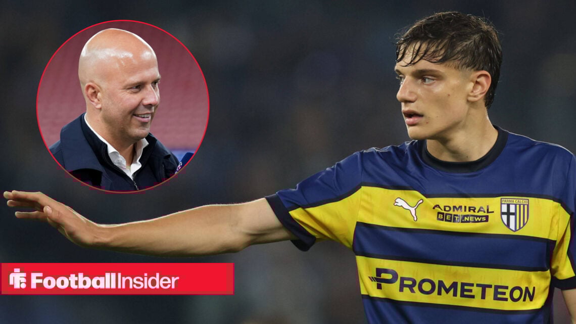 Parma youngster Giovanni Leoni during a Serie A match, next to an image of Arne Slot