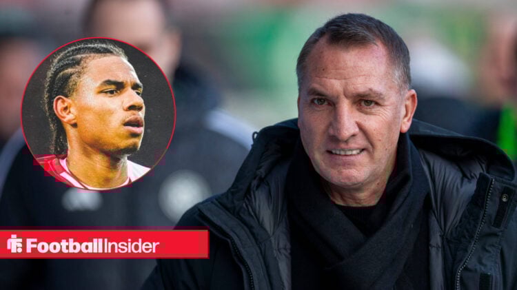 Brendan Rodgers smiling as he arrives at a Celtic match, next to an image of Calvin Stengs