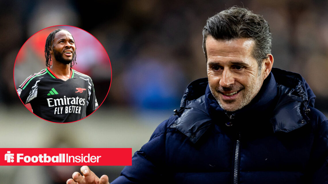 Fulham manager Marco Silva smiling, next to an image of Raheem Sterling in an Arsenal away shirt