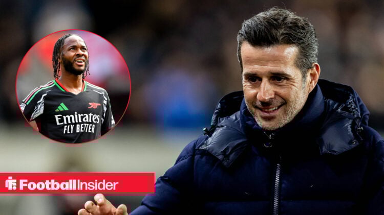 Fulham manager Marco Silva smiling, next to an image of Raheem Sterling in an Arsenal away shirt