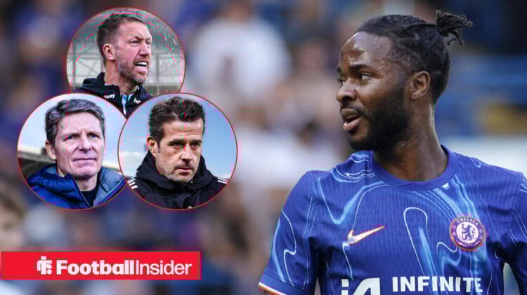 Raheem Sterling looks on at West Ham's Graham Potter, Fulham's Marco Silva, and Crystal Palace's Oliver Glasner