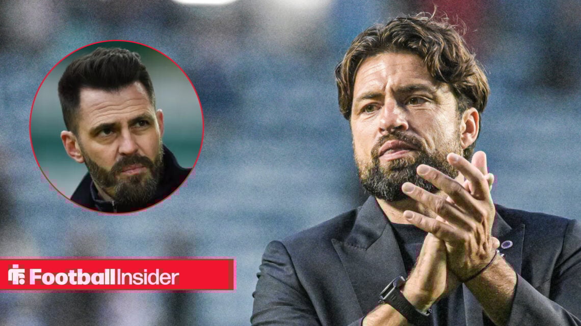 Rangers manager Russell Martin applauds supporters, next to an image of Steven Thompson.