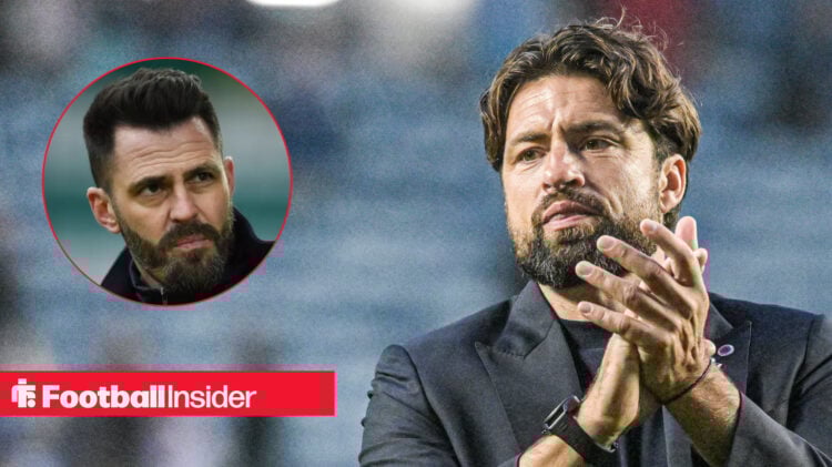 Rangers manager Russell Martin applauds supporters, next to an image of Steven Thompson.