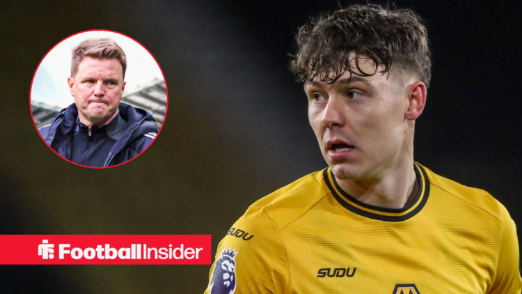 Jorgen Strand Larsen in a Wolves shirt, Eddie Howe in a circular inset