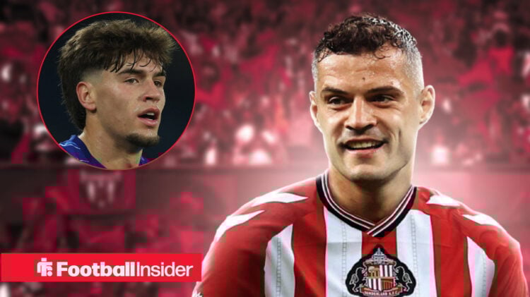Granit Xhaka in a Sunderland shirt with Marc Guiu inset