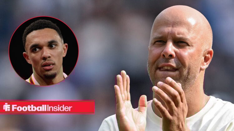Liverpool boss Arne Slot applauding supporters, next to an image of Trent Alexander-Arnold