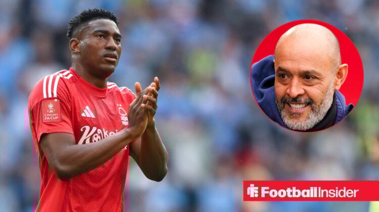 Nottingham Forest striker Taiwo Awoniyi clapping supporters alongside a circular inset of manager Nuno Espirito Santo