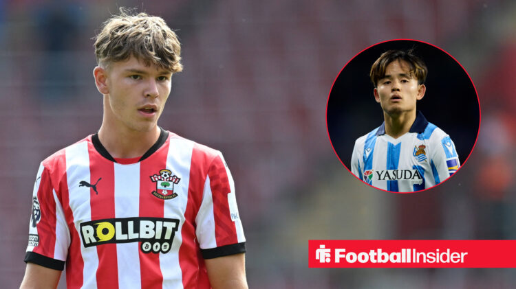 Tyler Dibling looks on during a Southampton match, next to an image of Real Sociedad's Takefusa Kubo.