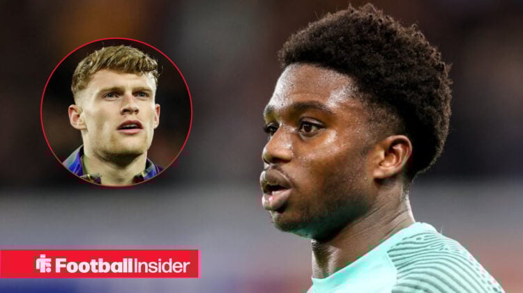 Brighton's Tariq Lamptey in action looking at Everton's Jarrad Branthwaite who is lining up before a game