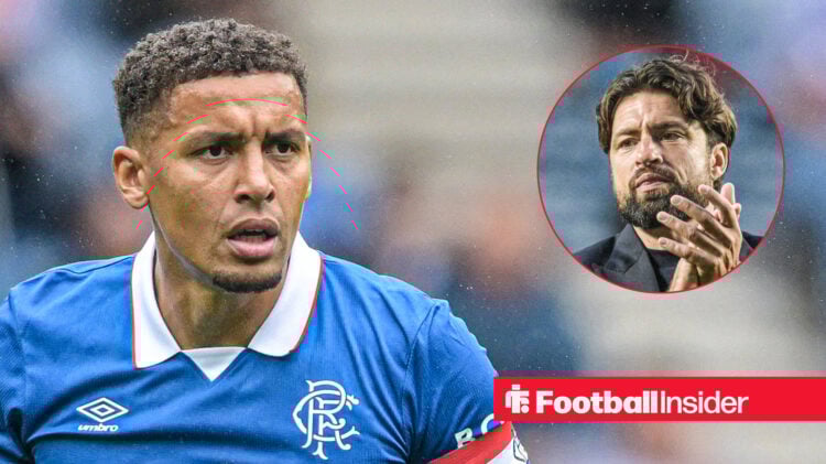 Rangers defender James Tavernier looks on as Russell Martin applauds supporters.