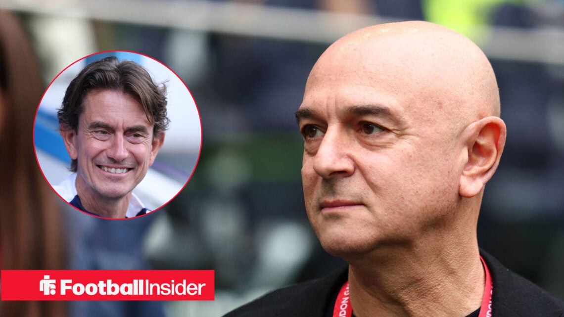 Tottenham owner Daniel Levy looks to the left next to a headshot of a smiling Thomas Frank