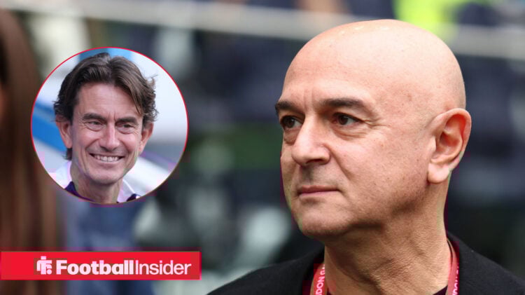 Tottenham owner Daniel Levy looks to the left next to a headshot of a smiling Thomas Frank