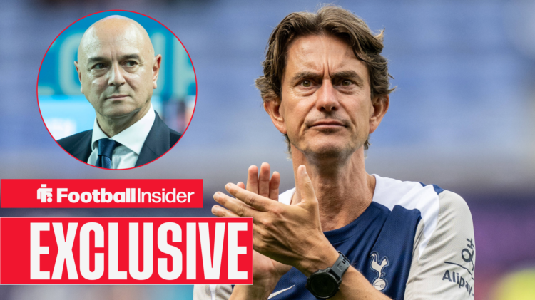 Thomas Frank claps Tottenham fans with Daniel Levy inset