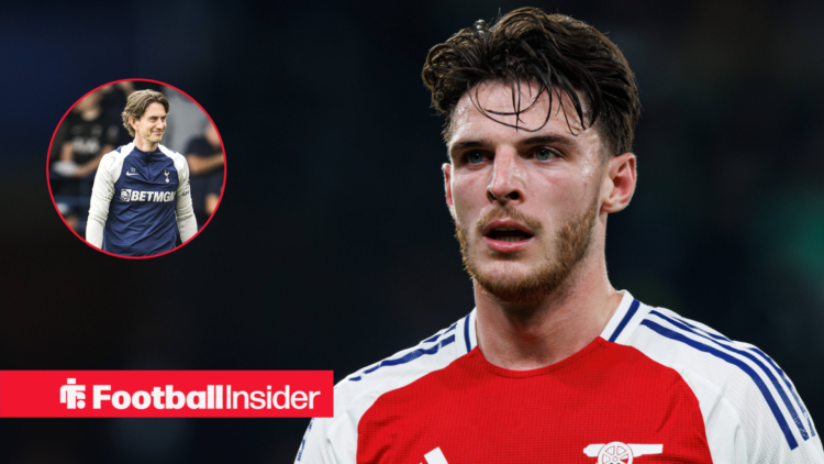 Tottenham boss Thomas Frank in a circle image next to Arsenal midfielder Declan Rice