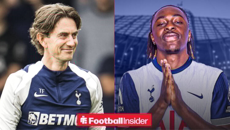Thomas Frank smiling alongside Eberechi Eze in a Tottenham shirt
