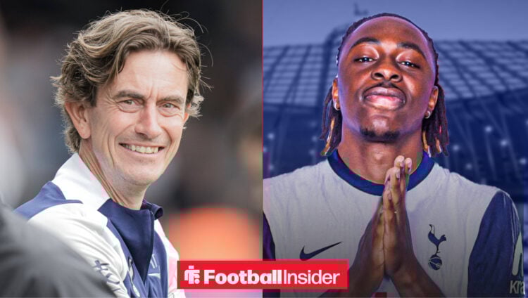 Thomas Frank smiling alongside Eberechi Eze in a Tottenham shirt