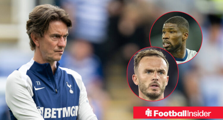 Spurs manager Thomas Frank alongside head shots of Kevin Danso and James Maddison