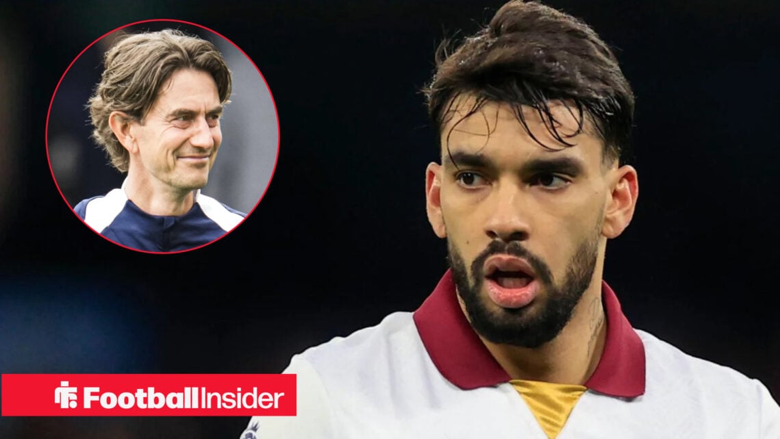 Lucas Paqueta in West Ham away shirt with Thomas Frank smiling in circle inset