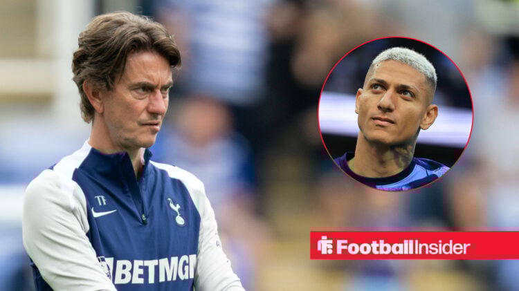 Tottenham manager Thomas Frank watching his team warming up, next to an image of Richarlison smiling