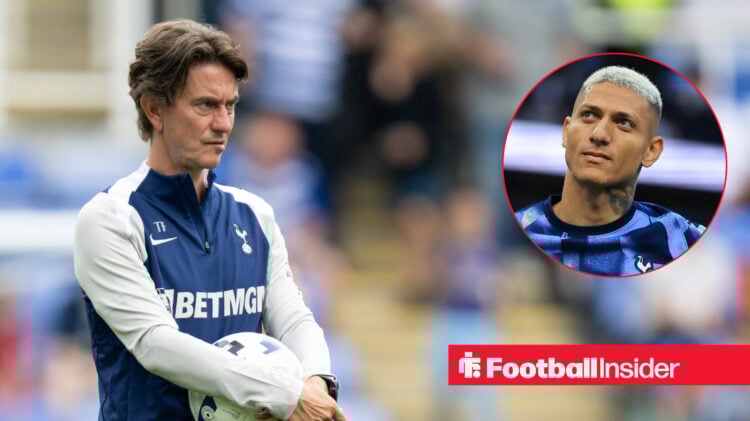 Tottenham manager Thomas Frank watches his team warm up, next to an image of Richarlison.
