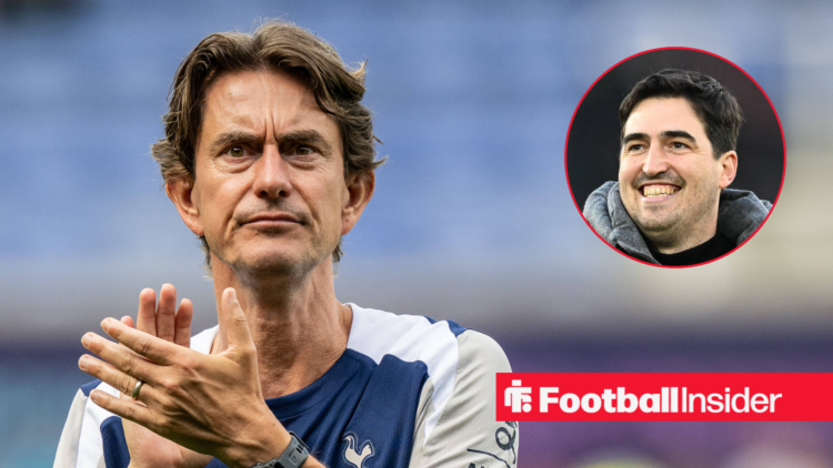 Thomas Frank looking unhappy clapping fans on the left with Andoni Iraola on the right smiling