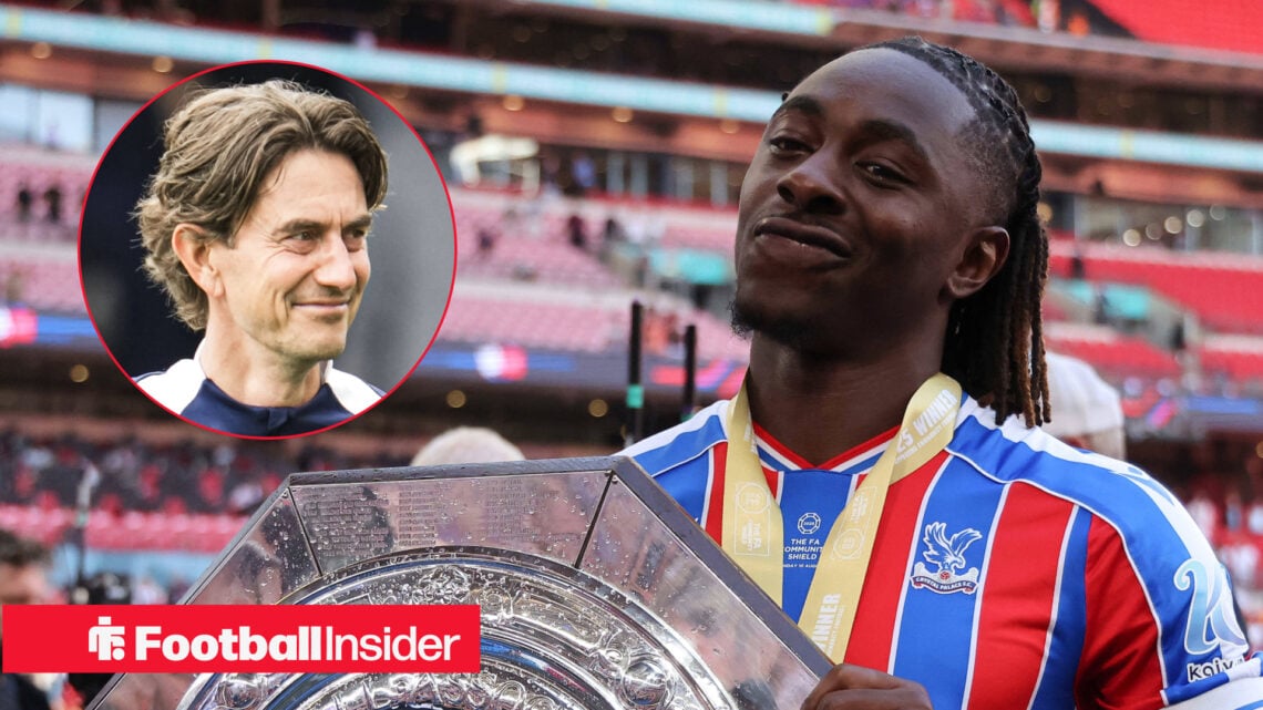 Thomas Frank on the left smiling at Eberechi Eze holding the Community Shield looking smug
