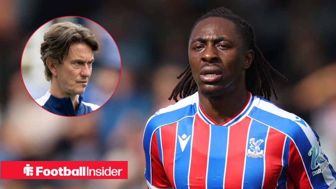 Thomas Frank looking concerned on the left with Eberechi Eze in a red and blue crystal palace shirt looking focused on the right