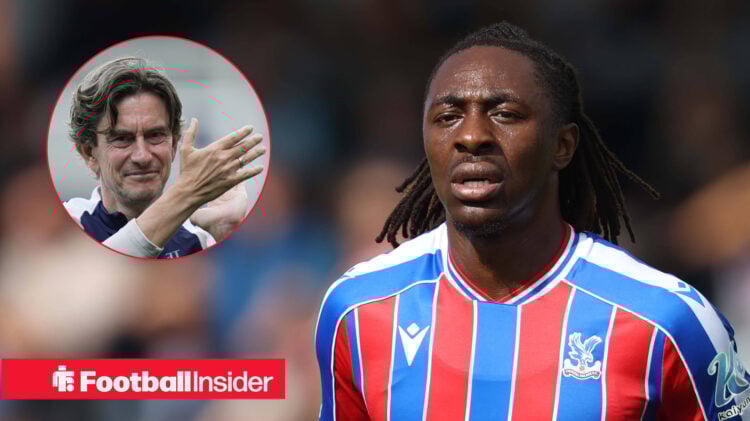 Thomas Frank clapping on the left hand side above a red football insider banner with Eberechi Eze on the right running in a blue and red Palace shirt