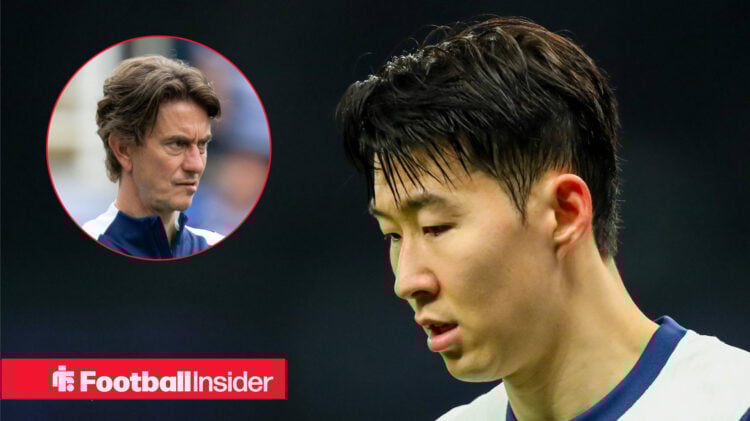 Thomas Frank on the left looking serious with Son Heung-Min on the right looking down