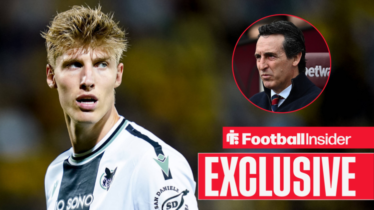 Udinese's Thomas Kristensen in action looking to the right at Aston Villa manager Unai Emery who is sitting in the dugout staring at him right inset