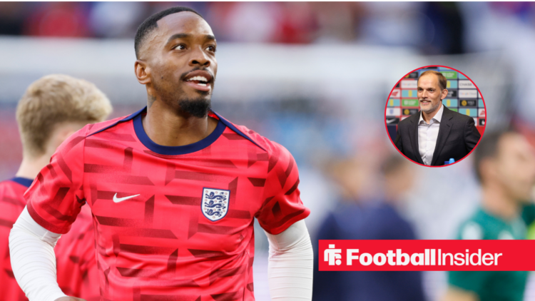 Ivan Toney in England training kit alongside an image of Thomas Tuchel in a circular frame