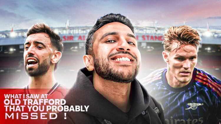An image of influencer Dev Bajwa in between Bruno Fernandes and Martin Odegaard with text that reads: "What I saw at Old Trafford that you probably...